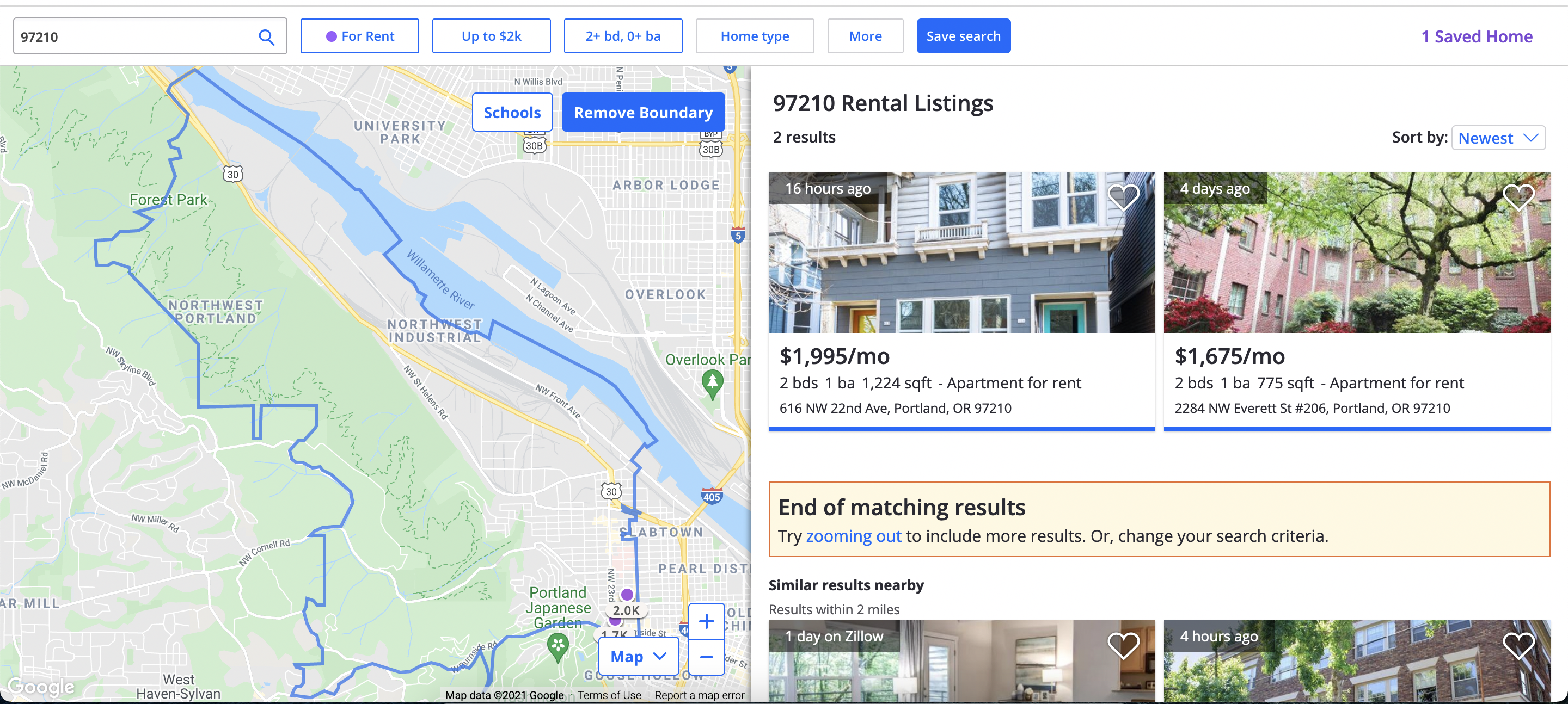 a Zillow search for apartments under $2000 a month with 2+ bedroom in 97210